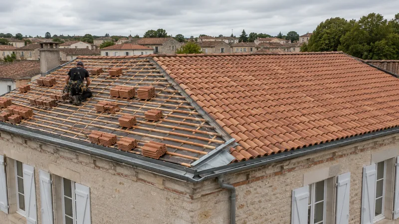 Toiture en cours de rénovation, tuiles neuves posées sur une partie de la couverture