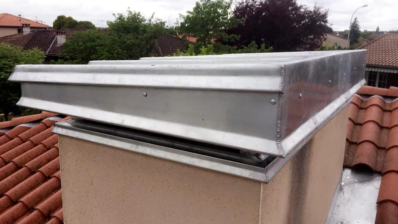 Habillage zinc neuf sur souche de cheminée, toiture en tuiles