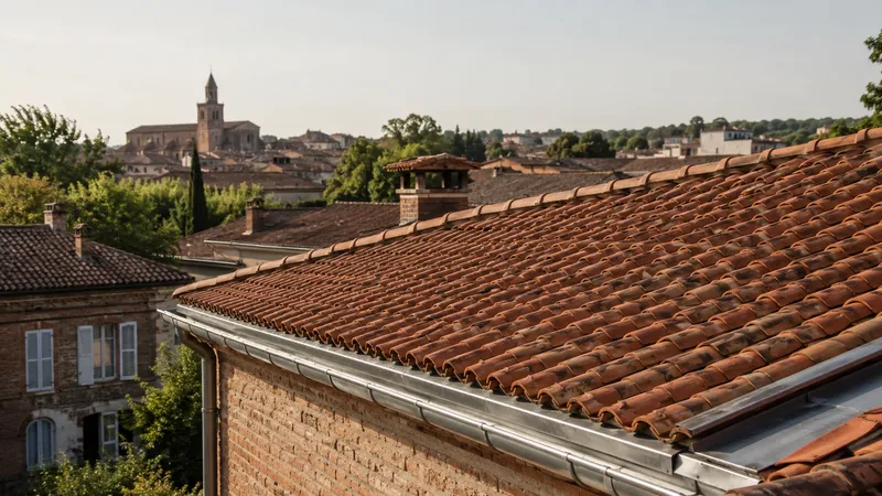 Toiture en tuiles avec vue sur un clocher et les toits de Montauban